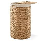 Casafield Round Laundry Hamper with Lid and Removable Liner Bag - Natural, Woven Water Hyacinth Wicker Laundry Basket for Clothes and Towels