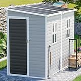 CDCASA 4x8 FT Resin Lean to Shed, Waterproof Outdoor Storage Shed with Floor & Lockable Door & Window, Plastic Tool Shed for Outside, Backyard, Patio, Poolside, Bike, Grey