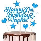Personalized Happy Birthday Cake Topper Customized with Any Age Name Party Cake Decoration 16 18 21 40 60 Double Sided Glitter Card Blue