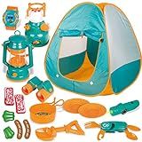 FUN LITTLE TOYS Pop Up Play Tent with Camping Gear and Tools Set, Outdoor Toys for Kids