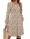 Zeagoo Long Leeve Fall Dress for Women 2026 Casual Winter Floral Dresses Pleated A Line Tunic Dress,Light Khaki Floral L