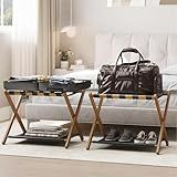 Smart FENDEE 2 Pack Luggage Rack, Folding Luggage Rack for Guest Room, Walnut Bamboo Suitcase Stand Holds up to 131 lb, Luggage Stand with Storage Shelf for Hotel, Bedroom