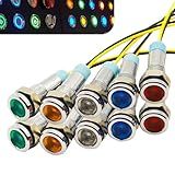 Zikefest 10pcs 6mm 1/4" LED Metal Indicator Light, AC/DC 9-24V Pilot Dash Directional with Wire Signal Lamp, Waterproof Pilot Dash Directional (Multicolor)