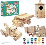 Kraftic Woodworking Building Kit for Kids and Adults, with 3 Educational DIY Carpentry Construction Wood Model Kit Toy Projects for Boys and Girls - Tow Truck, Birdhouse and Dump Truck