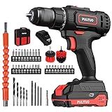 PULITUO Cordless Drill Set, 20V/2.0Ah Electric Power Drill, Torque 45N.m, 25+1 Torque Setting,1/2” Keyless Chuck, 2 Variable Speed Setting, with 43 PCS Bits, Storage Bag