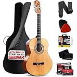 Pyle Left Handed Beginner Acoustic Guitar Kit, 3/4 Junior Size All Wood Instrument with Full Accessory Kit, Picks, Shoulder Strap, Case, Cleaning Cloth, Tuner App, 2 Month Lessons, 36” (Natural Gloss)