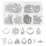 SUNNYCLUE 1 Box 48Pcs 12 Styles Chandelier Charms Earring Connectors Charm Filigree Components Links Findings Loops for Adults Beginners DIY Jewelry Vintage Hoop Earring Making, Antique Silver