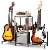 Bikoney Guitar Stand for 4 Guitars - Acoustic, Electric, Bass & Ukulele Floor Rack with 2 Wood Shelves for Amp Holder, Vinyl Records & Media Storage - Adjustable Multi Guitar Display Stand for Music Studio Home (Patent)