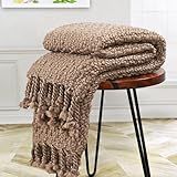 BYTIDE Chunky Knit Throw Blanket with Braided Tassels 50" x 60", Hand Knitted Soft Thick Yarn Basket Weave Boho Farmhouse Blanket, Plush Fluffy Tassel Decor Throw for Couch Bed Sofa, Brown