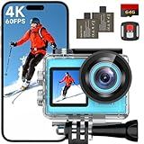ODDV 4K60FPS 30MP Action Camera with Front LCD and Touch Rear Screens, Underwater Camera with 64GB Memory Card, 132FT Waterproof Camera, EIS, 5X Zoom, WiFi Remote Control（Blue）