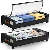 LAMU Under Bed Storage with Wheels, 2 Pack Under Bed Storage Containers with Clear Lid, XXL 60 L Underbed Storage Bins, Rolling Under Bed Metal Drawers for Clothes, Blankets, Shoes, Black