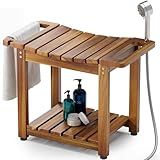BLUEWEST Shower Bench Seat with Storage Shelf, Natural Wood Shower Benches for Inside Shower to Sit on, Waterproof Bathroom Spa Bench Stool for Legs Shaving with Built-in Handle & Shower Head Holder