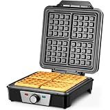 Belgian Waffle Maker 4 Slices, 1200W Waffle Iron, Anti-Overflow Waffle Iron with Browning Knob, Nonstick Plates, Indicator Lights, Silver/Black (Black, Silver)