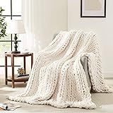 L'AGRATY Chunky Knit Throw Blanket for Couch, 50'' x 60'' Knit Throw, Ivory