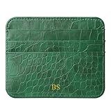 Customized Gold Initials Name Credit Card Holder for Women, PU Leather Card Case Crocodile Pattern, Add Your Own Personalized Monogram Letters, Minimalist Slim Thin Small Front Pocket Wallets, Green