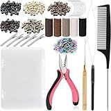 VCAY Hair Extension Tools Kit, 500 Silicone Lined Ring Beads,1 Plier, 1 Threader,1 Crochet Hook,10 Curved Hair Needle,5 Hair Clips,5 Rolls Sewing Threads,100 Rubber Bands with Storage Case