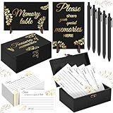 Joottuan Share a Memory Cards Wooden Box for Celebration of Life Decorations with 100 Pcs Funeral Memorial Cards 2 Wood Sign 1 Memorial Box 5 Pen for Funeral Decorations (Elegant Black & Gold Set)