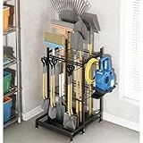 GILLAS Garden Tool Organizer for Garage, Utility Storage Racks with Hooks, Metal Yard Tool Stand Holder Organizer for Long-Handled, Broom, Shovel, Rake, Sturdy Heavy Rack for Outdoor, Yard, Black
