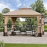 Covered Outdoor Patio Gazebo 11'x13' with LED Lights & Bluetooth Speaker, Heavy Duty Outdoor Canopy Shelter with Metal Frame, Double Roofs, Soft-top Gazebo with Netting and Curtains for Backyard