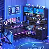 SEDETA L Shaped Gaming Desk, Home Office Computer Desk with 2 Drawer and Bookshelf, L Shaped Gaming Desk with LED Light, Glass Cabinet and Storage Bag, Corner Desk with Storage Shelves, Black
