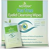 NOVEHA 60PCs Tea Tree Oil Eyelid & Lash Wipes | With Hyaluronic Acid, Green Tea & Chamomile For Blepharitis, Itchy & Stye Eyes, Individually Wrapped, Natural Eyelash Makeup Remover & Daily Cleanser