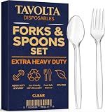 Bulk Plastic Silverware Heavy Duty Disposable Cutlery Set Forks Spoons Clear Utensils BPA Free Food Safe Sturdy for Restaurant Catering Banquet Holiday Hosting Event Dining Service Pack x200
