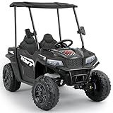 ELEMARA 24V Side by Side Electric Off-Road Truck, 4.5MPH, 2 Seater Ride on Toy for Big Kids w/Sun Shade, Electric Vehicles for Kids, 2 Shock Absorbers, 3 Speeds, LED Lights,Bluetooth Music, Black