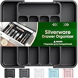 Aujen Silverware Organizer - Expandable Kitchen Drawer Organizer, Adjustable Utensil Organizer, Cutlery Tray for Forks, Knives, Multipurpose Kitchen Organizers and Storage Solution, Black, Medium