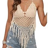 Crochet Top for Women Summer Beach Wear Boho Halter Backless Bikini Tank Tops Tassel Knit Bra Bralette Cover Up Beige