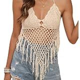ToRhine Crochet Top for Women Summer Beach Wear Boho Tank Tops Tassel Beige