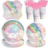 FVABO Pastel Rainbow Cloud 9 Birthday Decorations for Girls Tableware, We're On Cloud Nine 9th Birthday Party Supplies, Disposable Paper Plates, Napkins, Cups, Cutlery, Serves 24