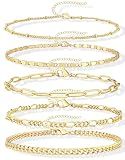 Gokeey 14k Gold Plated Ankle Bracelets for Women Layered Anklet Set Waterproof Paperclip Satellite Mirror Figaro Cuban Chain Beach Anklet Bracelet Jewelry Gifts Adjustable Size