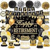 Retirement Party Decorations for Men Women Black Gold Happy Retirement Banner Backdrop Balloons Paper Pompoms Honeycomb Centerpiece Cake Topper Hanging Swirl Set