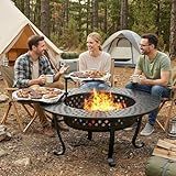Outdoor Fire Pit, 43" Fire Pit for Outside Wood Burning with Adjustable 2 Grills, Outdoor Fireplace with Lid and Fire Poker, BBQ, Bonfire, Round Firepit 3 in 1 for Patio, Backyard, Garden, Black