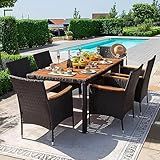 Devoko Dining 7 PCS Furniture, Patio Conversation Set with Acacia Wood Table Top, Outdoor, Beige Cushion and Black Rattan
