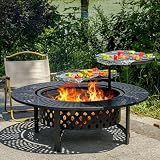 OutVue 47 Inch Fire Pit with 2 Grills, Wood Burning Fire Pits for Outside with Lid & Poker, BBQ& Outdoor Firepit & Round Metal Table 3 in 1 for Patio, Picnic, Party