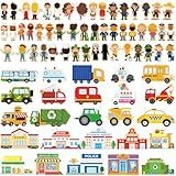 Gemscream 50 Pcs Wooden Community Helpers Play Set Community Includes Little Wooden People Buildings Cars Multicultural Figurines Toy Preschool Little Professionals Block Character(Stylish)