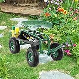 Toolsempire Rolling Garden Seat, Garden Stool with Wheels, Extendable Handle, Storage Basket & Tool Tray, Garden Scooter with 360 Degree Swivel Seat for Outdoor & Yard (Green)