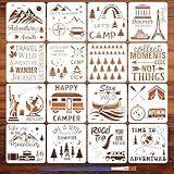 FINGERINSPIRE 16PCS Travel Theme Stencils for Painting with Brush 11.8x11.8inch Mountains Trees Compass Temple Template Tent Campfire Airplane Suitcase Stencil Maple Leaf Moon Star Boat Fish Template