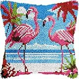 veirousa Flamingos Latch Hook Kits for Adults, Beginners DIY Hooked Pillow Kit Pre-Printed Pillowcase Hook and Latch Rug Kits Cross-Stitch Cushion Cover for Home Sofa Decoration 17x17 inch