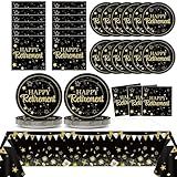 Happy Retirement Party Supplies Serves 24 Black and Gold Retirement Party Paper Plates Napkins Retirement Tablecloth Set Tableware Kit for Men Women Say Goodbye Party