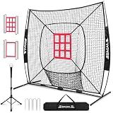 BAGAIL 7x7 ft Baseball & Softball Training Net - Black | Includes Batting Tee & 2 Strike Zones, Heavy Duty Frame, Durable 7-Ply Mesh, Large Target For All Level, Quick 2-Min Setup