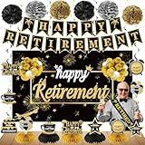 20PCS Happy Retirement Party Decorations Kit for Men Women, Kuxriox Black Gold Retirement Backdrop Balloon Honeycomb Centerpiece Swirl Paper Pompom Party Supplies, Retired Sash Table Topper Swirls Set