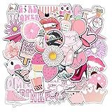 Girl's Pink Aesthetic Stickers - Waterproof Cute Stickers 50 PCS for Water Bottle, Laptop, Phone - Teens & Kids