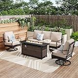 Patio Furniture Set with 56" Fire Pit Table, Premium Outdoor Wicker Metal Frame Furniture with Upgraded Waterproof Thick Cushions for Porch, Poolside, Deck, and Yard（4 Pieces,Beige
