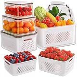 5-Pack Fruit Storage Containers for Fridge with Removable Colanders, 4 in 1 Produce Storage Containers with Lids, Leakproof Fridge Organizer Bins for Salad Berry Lettuce Vegetables Meat Keeper Fresh