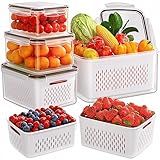 5-Pack Fruit Storage Containers for Fridge with Removable Colanders, 4 in 1 Produce Storage Containers with Lids, Leakproof Fridge Organizer Bins for Salad Berry Lettuce Vegetables Meat Keeper Fresh
