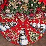 48 Inch Christmas Tree Skirt, Snowman Tree Skirt Red Green White Xmas Christmas Decorations Holiday Tree for Christmas Home Decorations, Xmas Party Holiday