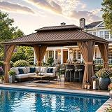 Aoxun 12’x16’ Hardtop Gazebo, Permanent Metal Pavilion with Galvanized Steel Double Roof, Outdoor Pergola with Nettings and Curtains for Lawn, Garden, Patio (Brown)