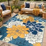GENIMO Indoor Outdoor Area Rug 5'x8', Machine Washable Rugs for Patio, Waterproof, Non-Slip Easy Cleaning Floral Outdoor Mat Carpet for Living Room, Bedroom, RV, Balcony, Deck, Camping, Navy Blue
